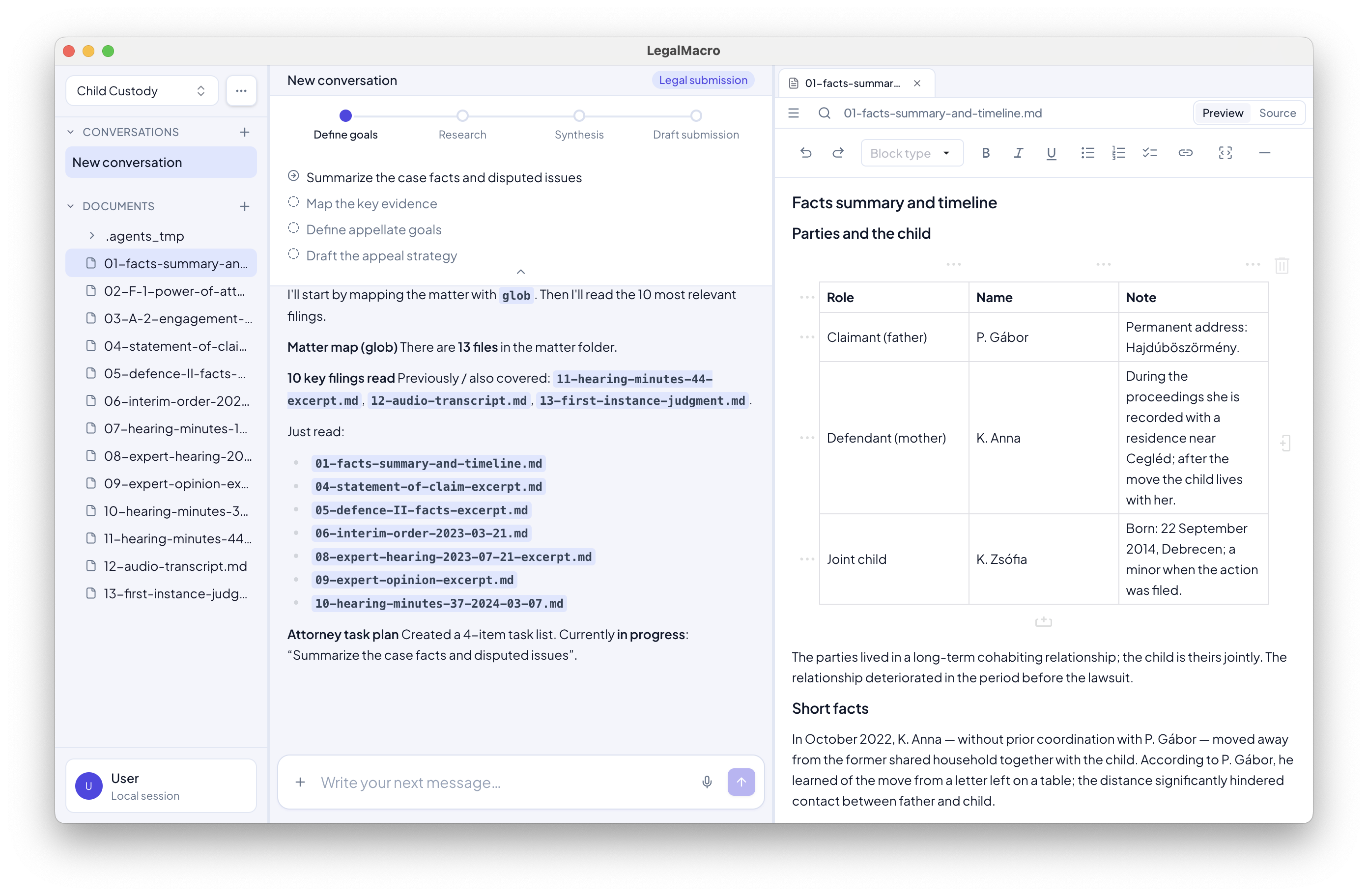 Matter mapping — agent inventories filings, reads key documents, and proposes an attorney task plan