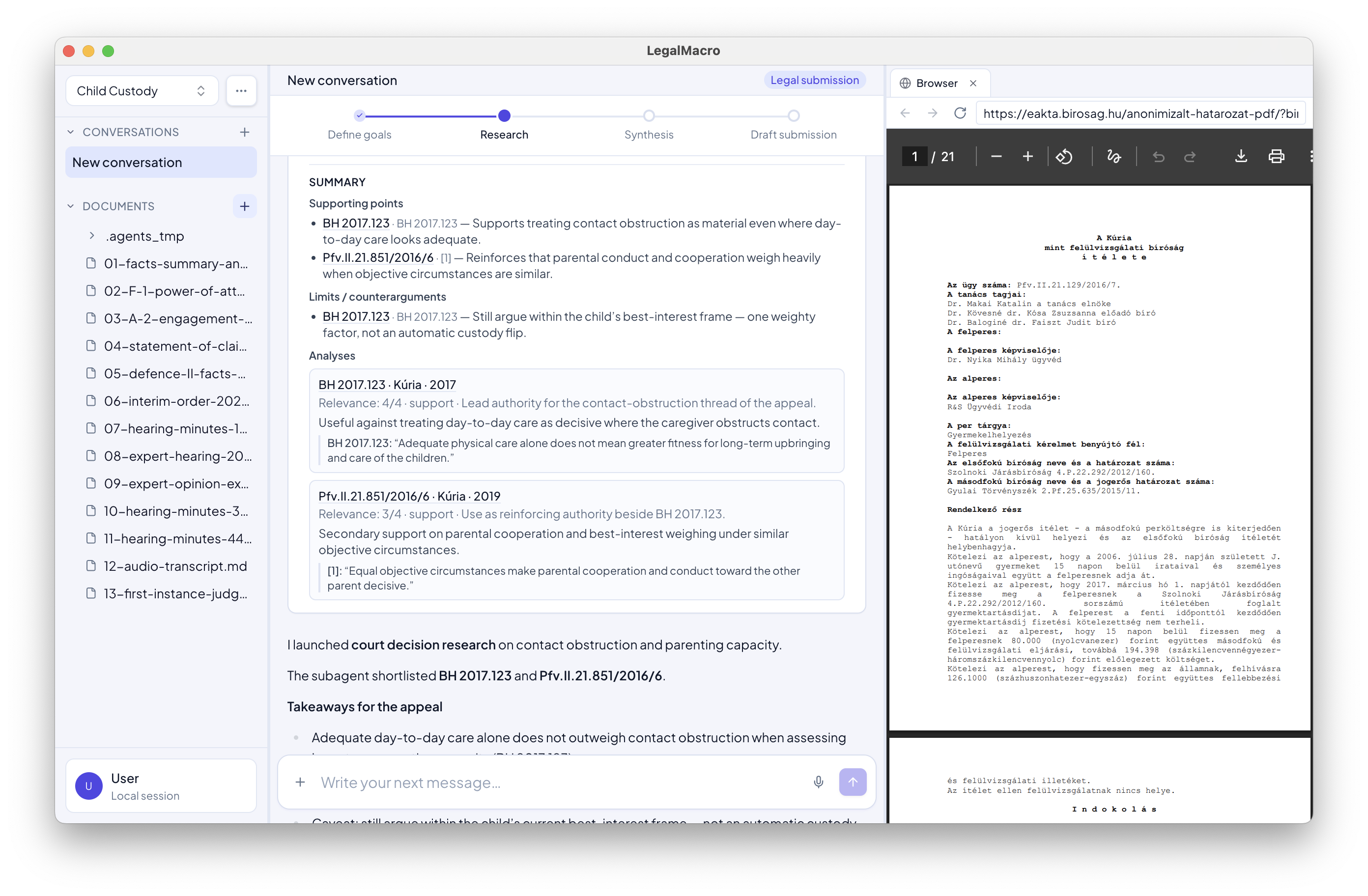 Court-decision research subagent — citation-backed supporting points, limits, and analyses in the Research phase