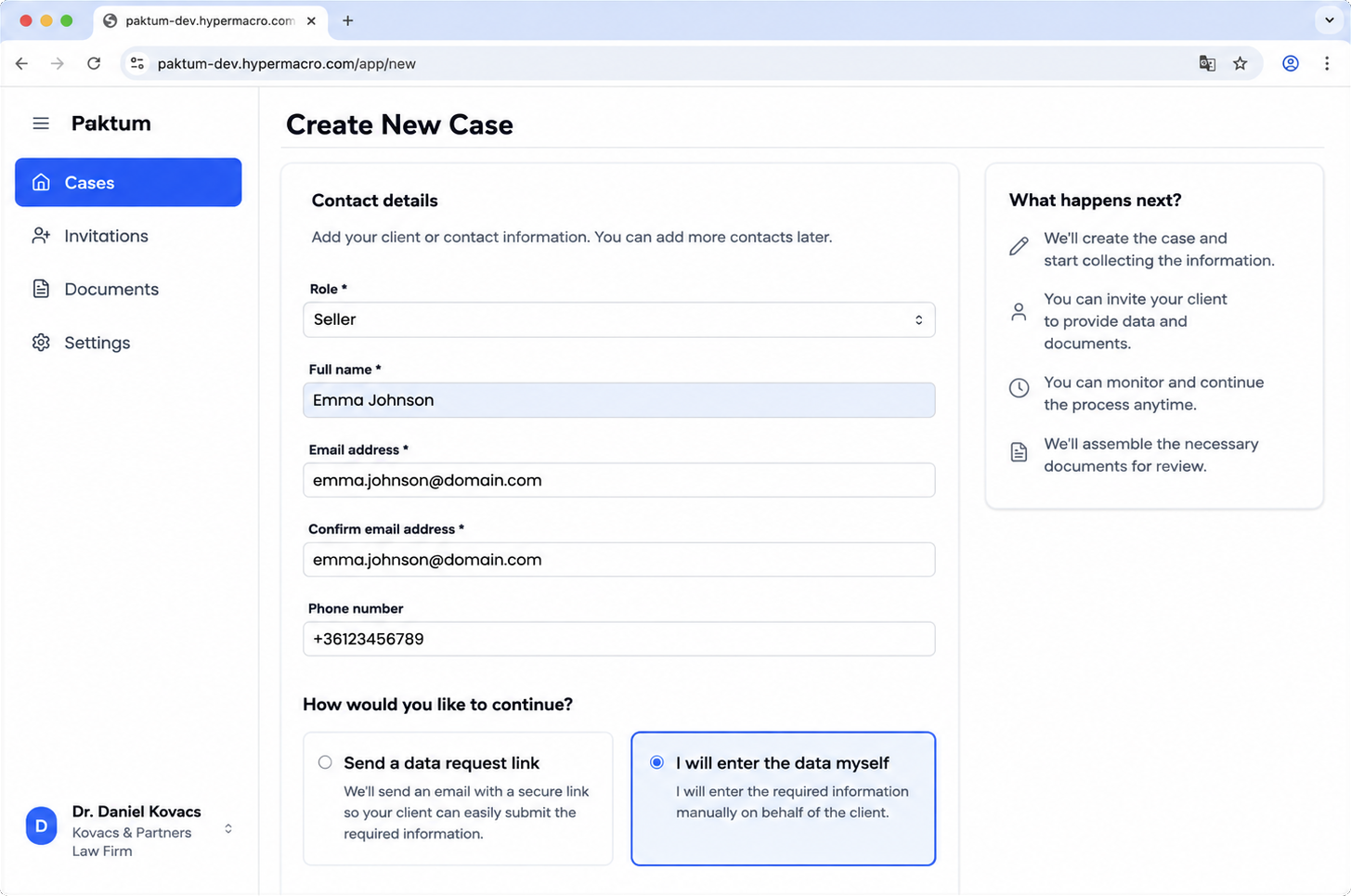 Create new case — contact details and intake path