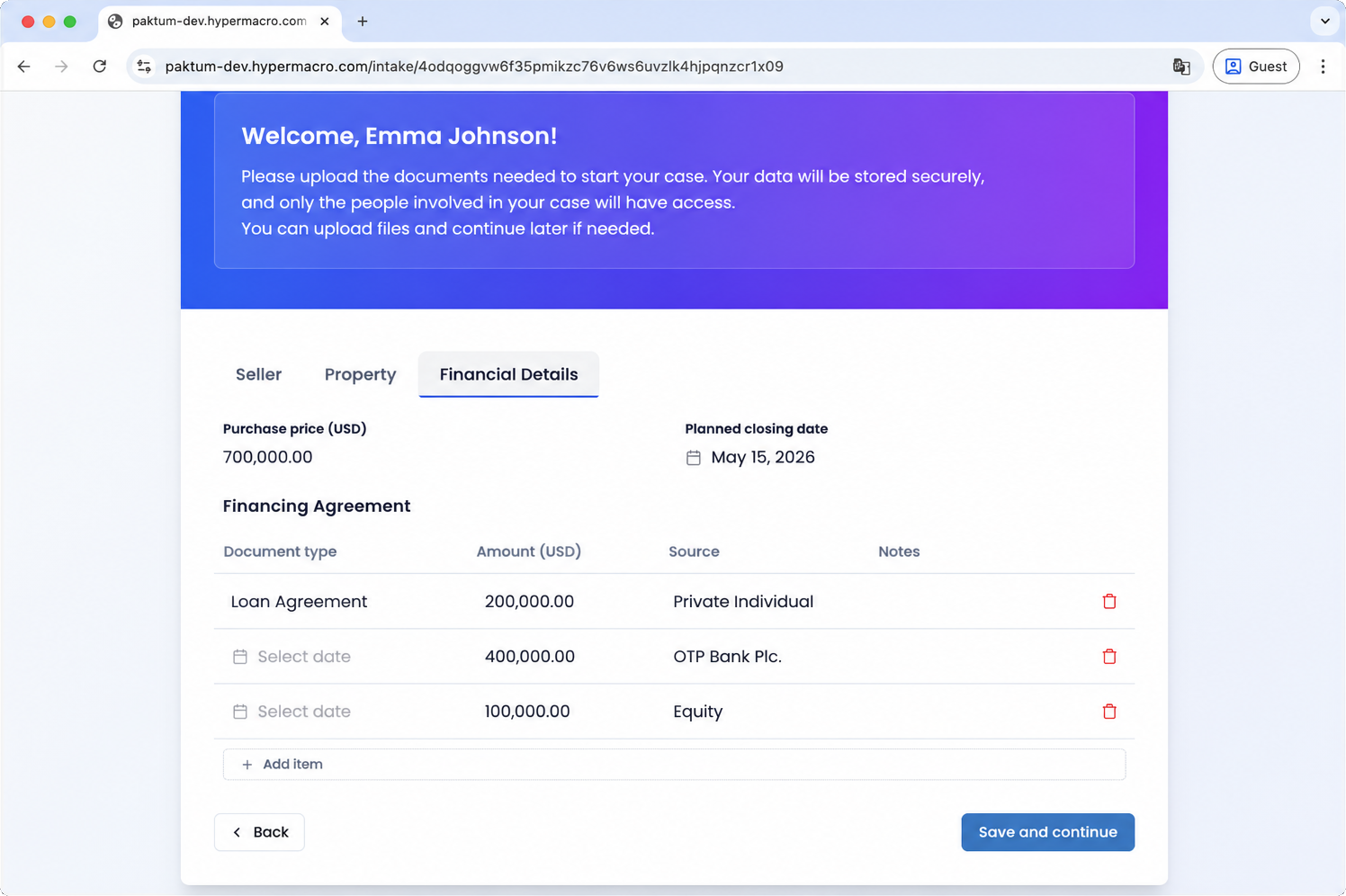 Client-facing intake — financial details and document capture